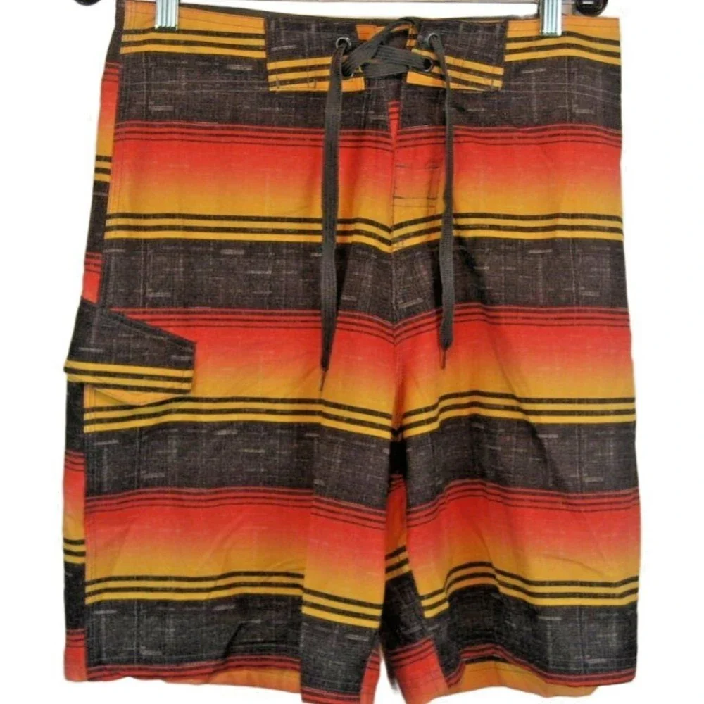 Mens Kanu Black/Orange Striped Poly/Spandex Unlined Swim Board Shorts sz 30 x 9